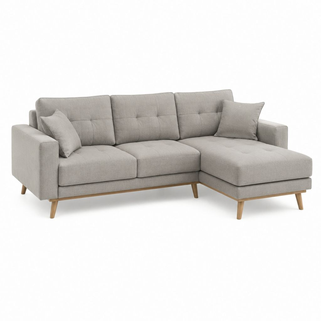Canapé d'angle droit 3 places gris clair en polyester avec pieds en bois massif 230 x 150 x 85 cm