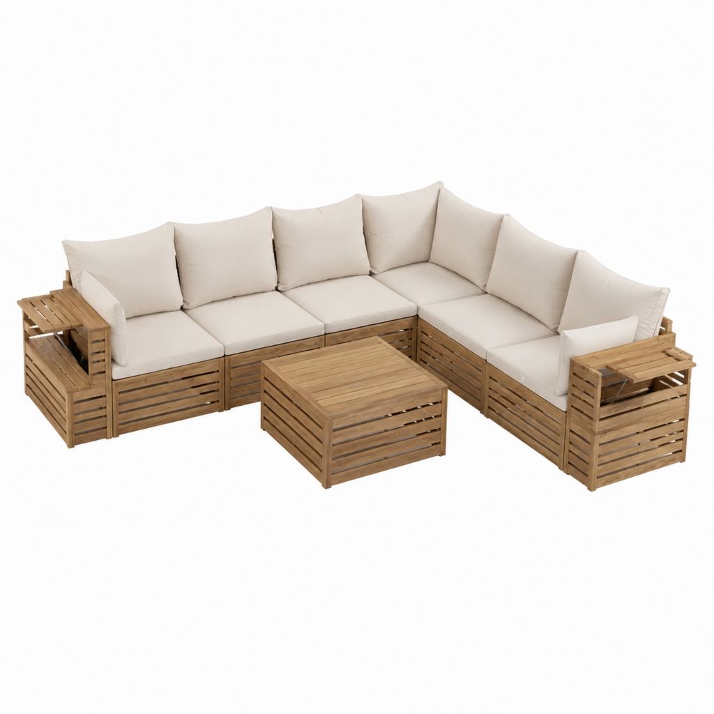 Salon de jardin d'angle 5 places beige en bois d'acacia avec table basse 250 x 250 x 75 cm