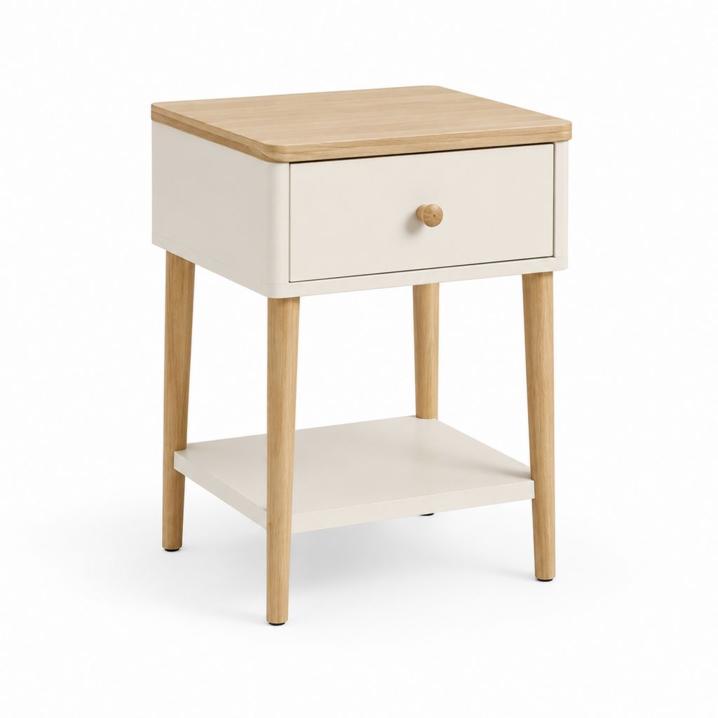 Table de chevet avec tiroir et étagère blanc et bois naturel en MDF et hévéa 40 x 35 x 60 cm