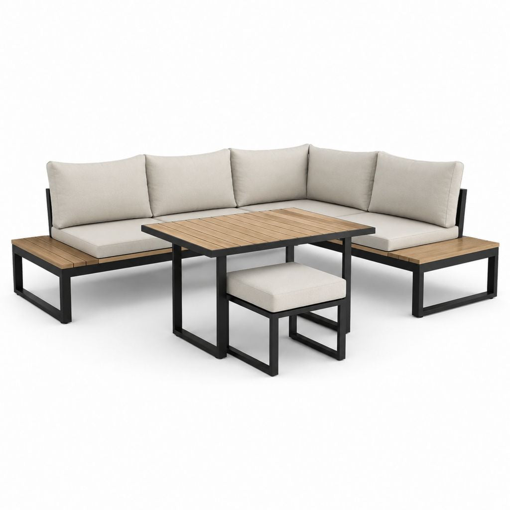 Salon de jardin d'angle 4 places noir beige en aluminium et polyéthylène 220 x 220 x 70 cm avec table et tabouret