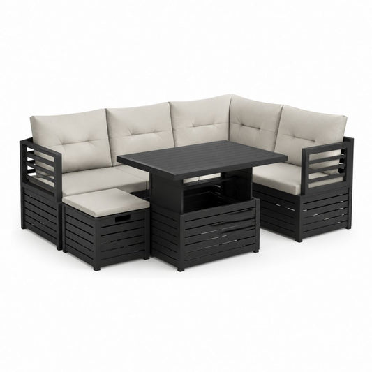 Salon de jardin d’angle 5 pièces noir et gris clair en pin massif et polyester 190.5 x 126.5 cm