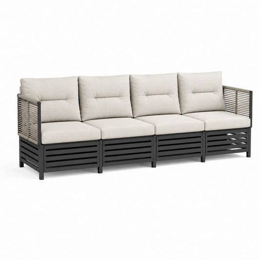 Canapé de jardin 4 places beige et noir en acier thermolaqué et corde synthétique 280 x 70 x 75 cm