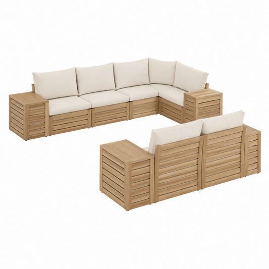 Salon de jardin d'angle 5 places en acacia massif beige avec coussins 266 x 210 x 70 cm