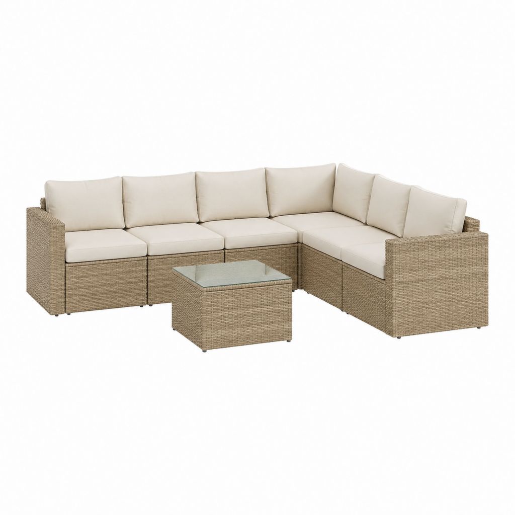 Salon de jardin d’angle 5 places beige en résine tressée PE avec coussins et table basse 250 x 200 x 85 cm
