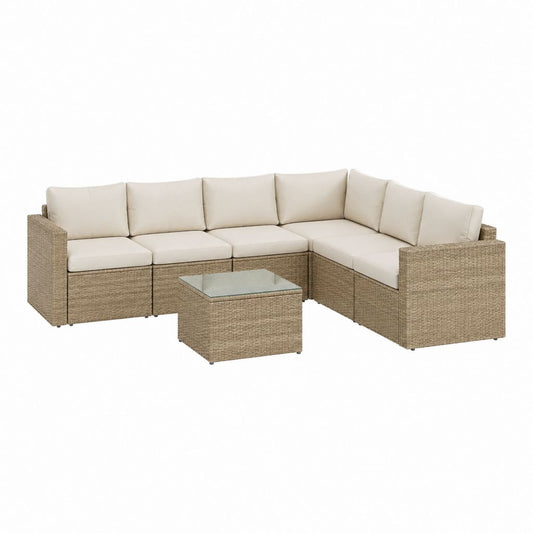 Salon de jardin d’angle 5 places beige en résine tressée PE avec coussins et table basse 250 x 200 x 85 cm