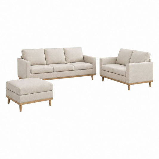 Ensemble canapé 3 places fauteuil et pouf beige en polyester avec pieds en bois d’hévéa massif 210 x 85 x 86 cm