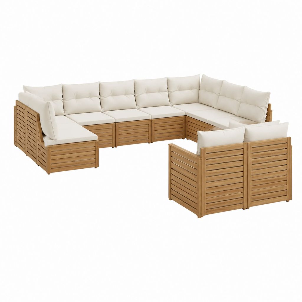 Salon de jardin modulable 7 places en angle beige en acacia massif 342 x 210 x 60 cm