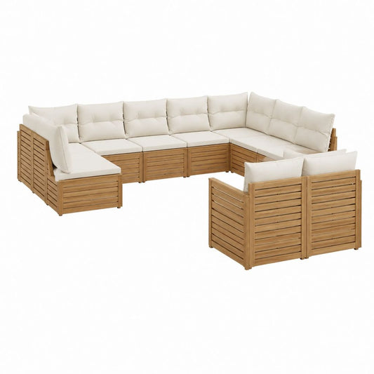 Salon de jardin modulable 7 places en angle beige en acacia massif 342 x 210 x 60 cm