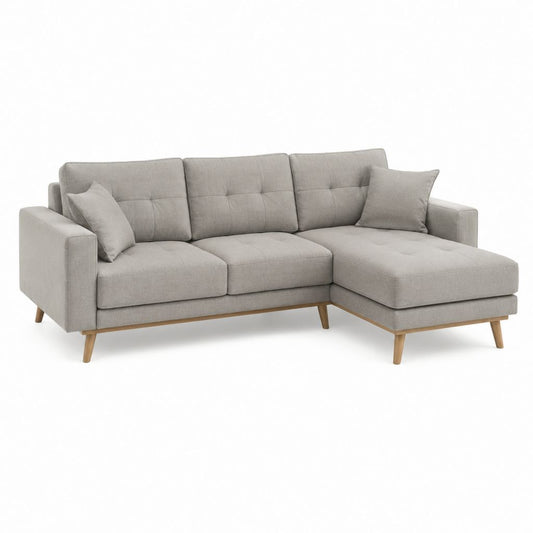 Canapé d'angle droit 3 places gris clair en polyester avec pieds en bois massif 230 x 150 x 85 cm