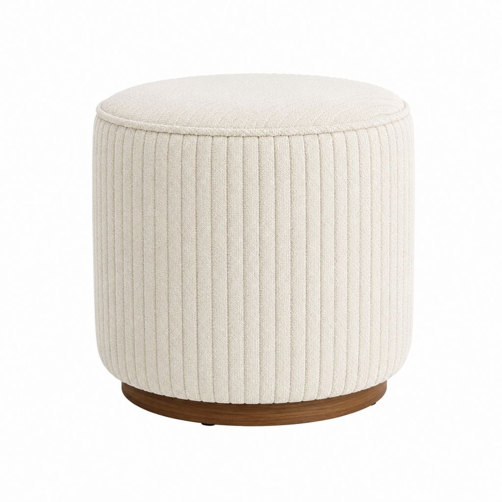 Repose-pieds rond beige en polyester bouclé avec base effet noyer Ø 40 x H 45 cm