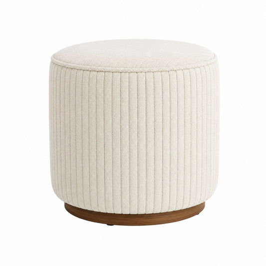 Repose-pieds rond beige en polyester bouclé avec base effet noyer Ø 40 x H 45 cm