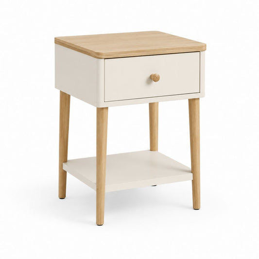 Table de chevet avec tiroir et étagère blanc et bois naturel en MDF et hévéa 40 x 35 x 60 cm