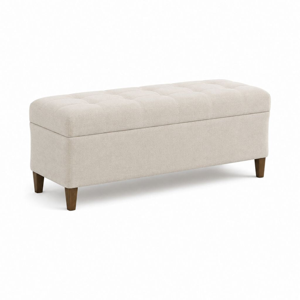 Banc coffre de lit rectangulaire beige en polyester avec pieds en bois massif 120 x 45 x 45 cm