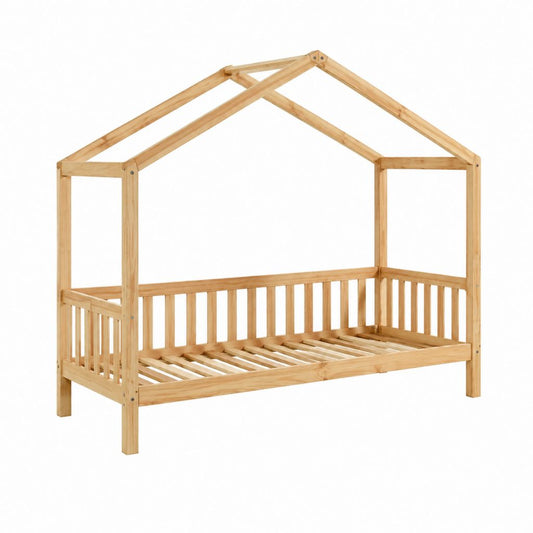 Lit cabane enfant en pin massif naturel avec barrières 90 x 200 cm