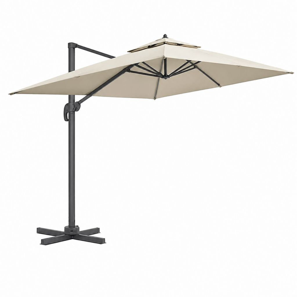 Parasol déporté carré beige en polyester avec structure en acier 300 x 300 x 250 cm