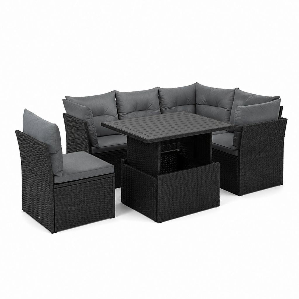 Salon de jardin d’angle 5 places 5 pièces noir en résine tressée PE avec coussins gris 210 x 210 x 83 cm