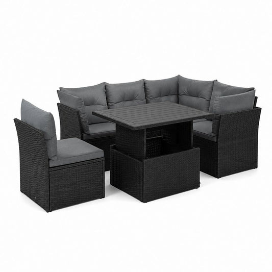 Salon de jardin d’angle 5 places 5 pièces noir en résine tressée PE avec coussins gris 210 x 210 x 83 cm