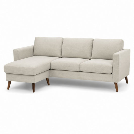 Canapé d’angle 3 places avec méridienne gauche beige en polyester et pieds en hévéa massif 220 x 145 x 85 cm