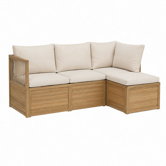 Canapé de jardin d'angle 3 places beige en acacia massif avec coussins 225 x 160 x 80 cm