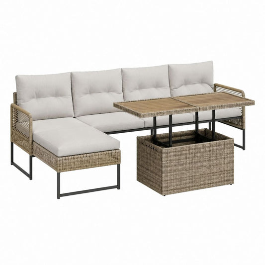 Salon de jardin d'angle 4 places beige en résine tressée PE et acier 220 x 140 x 75 cm avec table coffre relevable