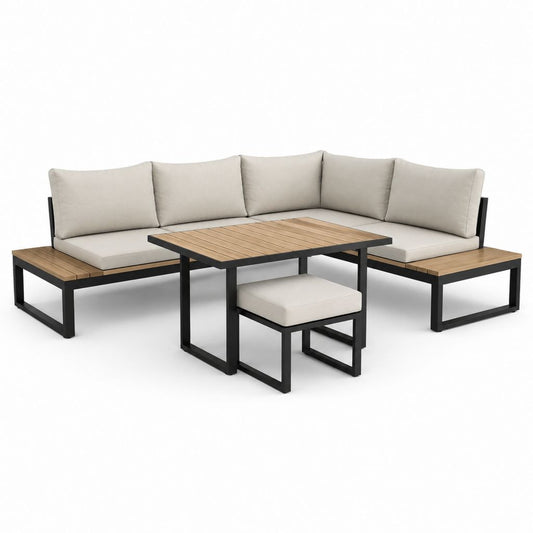 Salon de jardin d'angle 4 places noir beige en aluminium et polyéthylène 220 x 220 x 70 cm avec table et tabouret
