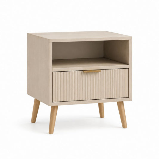 Table de chevet beige en MDF plaqué chêne avec niche et tiroir 45 x 40 x 55 cm