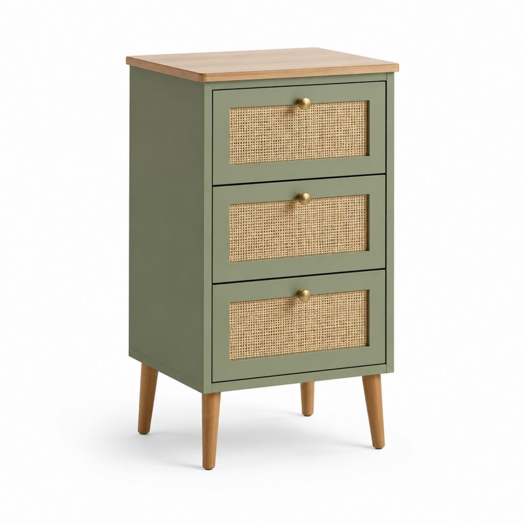 Table de chevet 3 tiroirs vert olive en MDF avec cannage en rotin 40 x 35 x 70 cm