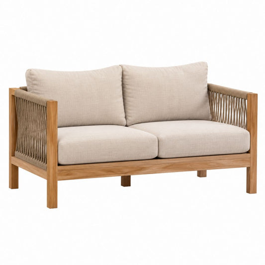 Canapé de jardin 2 places droit beige en acacia massif avec corde en polypropylène 140 x 75 x 75 cm