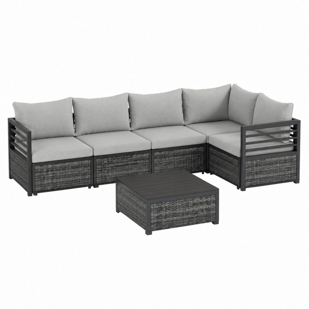 Canapé de jardin d’angle 5 pièces gris en résine tressée PE et acier 210 x 140 x 65 cm