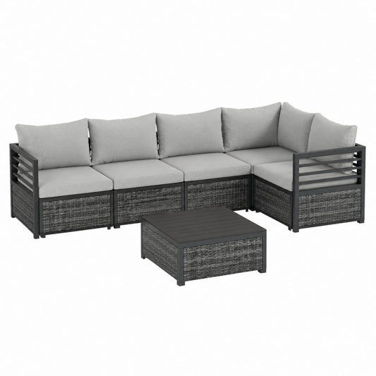Canapé de jardin d’angle 5 pièces gris en résine tressée PE et acier 210 x 140 x 65 cm