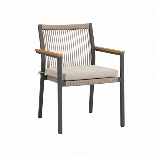 Fauteuil de jardin avec accoudoirs noir beige en aluminium bois d'acacia et corde tressée 58 x 62 x 86 cm