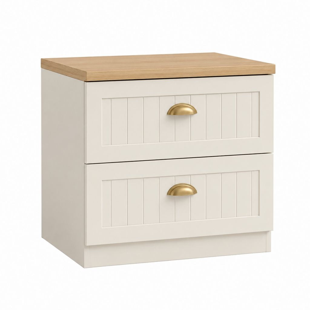 Table de chevet 2 tiroirs blanche en MDF avec plateau décor chêne rectangulaire 60 x 40 x 55 cm