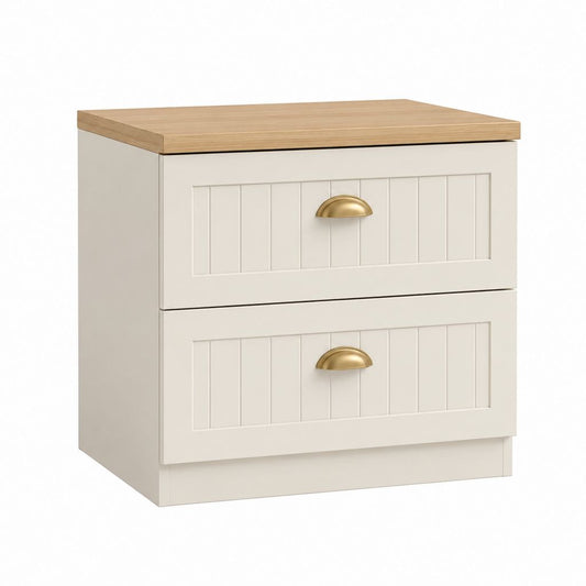 Table de chevet 2 tiroirs blanche en MDF avec plateau décor chêne rectangulaire 60 x 40 x 55 cm