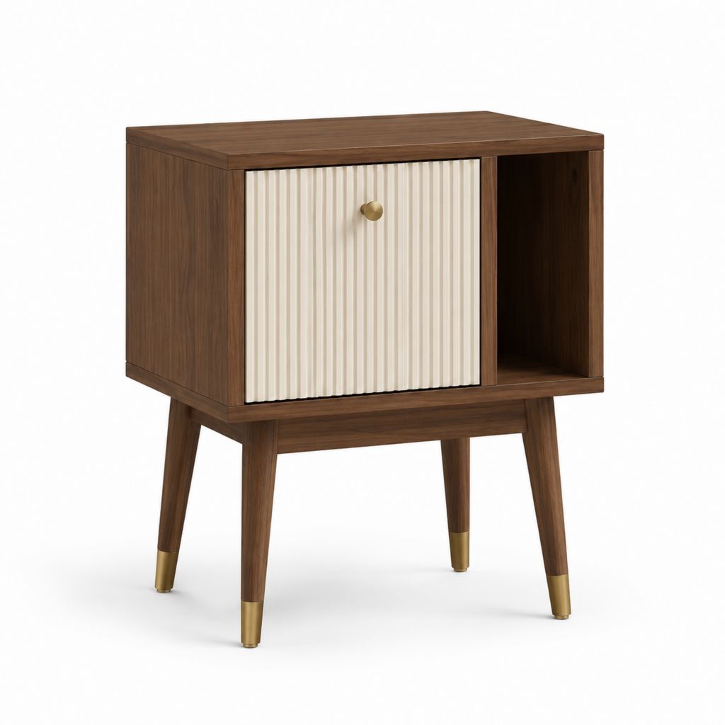 Table de chevet marron et crème en MDF plaqué noyer avec porte rainurée et niche ouverte 50 x 40 x 65 cm