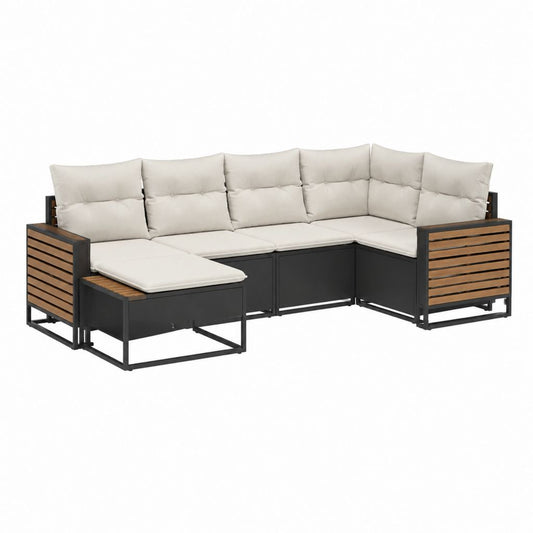 Salon de jardin d'angle modulable 5 places noir et bois d'acacia avec coussins beige 280 x 220 x 70 cm