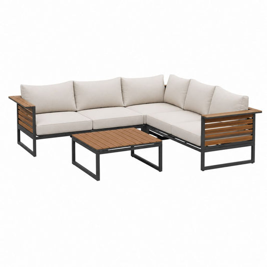 Salon de jardin d'angle 5 places avec table basse beige noir et marron en acier et acacia 230 x 230 x 65 cm